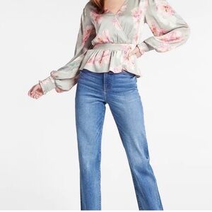 EXPRESS LADIES SAGE COLOR TOP WITH RASPBERRY WHITE & ORANGE FLOWERS, SIZE LARGE